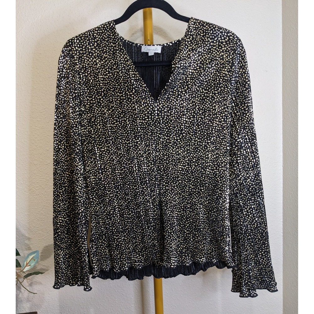 Chenault Gold Foil Dot Plisse Pleated Blouse V-Neck Pearl Flare Sleeve 70s Disco